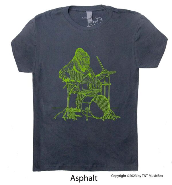 Gorilla playing drums on an asphalt shirt.