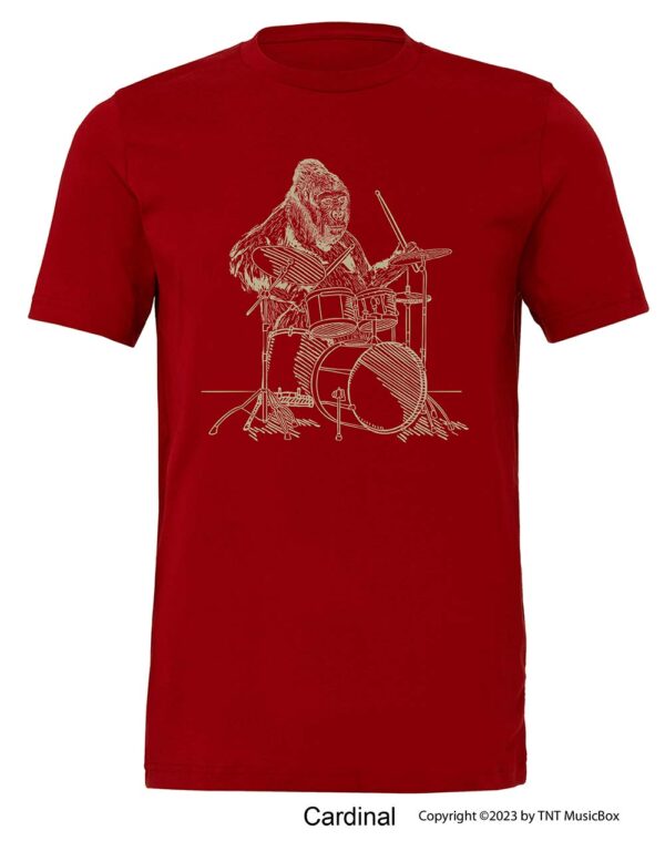Gorilla playing drums on a Cardinal t-shirt.