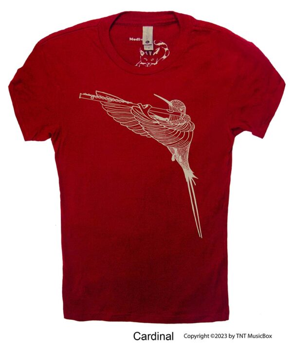 Hummingbird Playing Flute on a Cardinal T-Shirt.