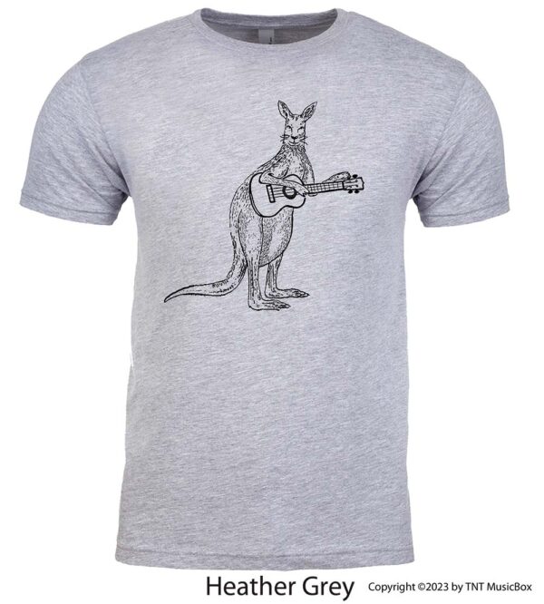 Kangaroo Playing Ukulele on a Heather Grey shirt