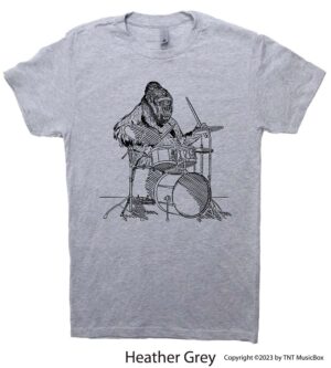 Gorilla playing drums on a Heather Grey t-shirt.