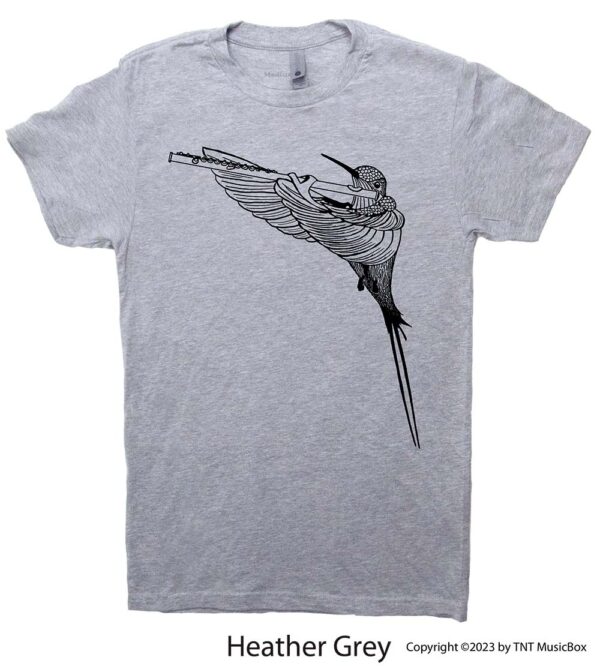 Hummingbird Playing Flute on a Heather Grey T-Shirt.
