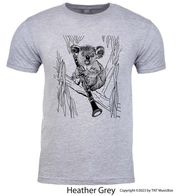 Koala playing clarinet on a Heather Grey t-shirt