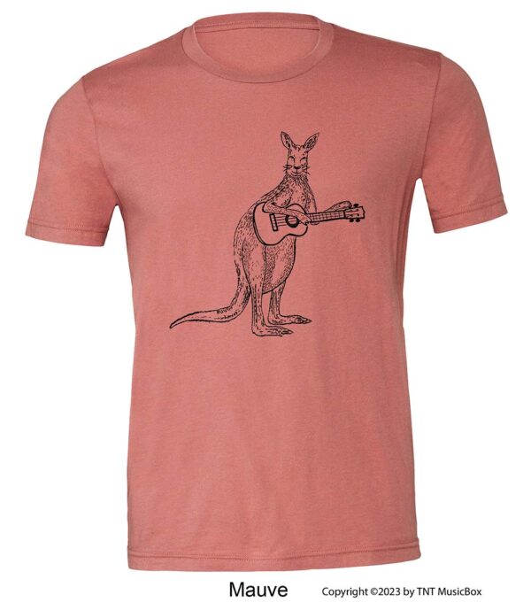 Kangaroo Playing Ukulele on a mauve shirt