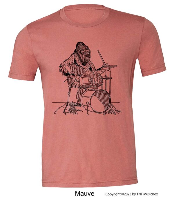 Gorilla playing drums on a Mauve t-shirt.