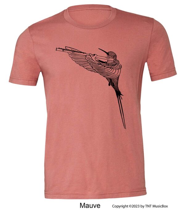 Hummingbird Playing Flute on a Mauve T-Shirt.