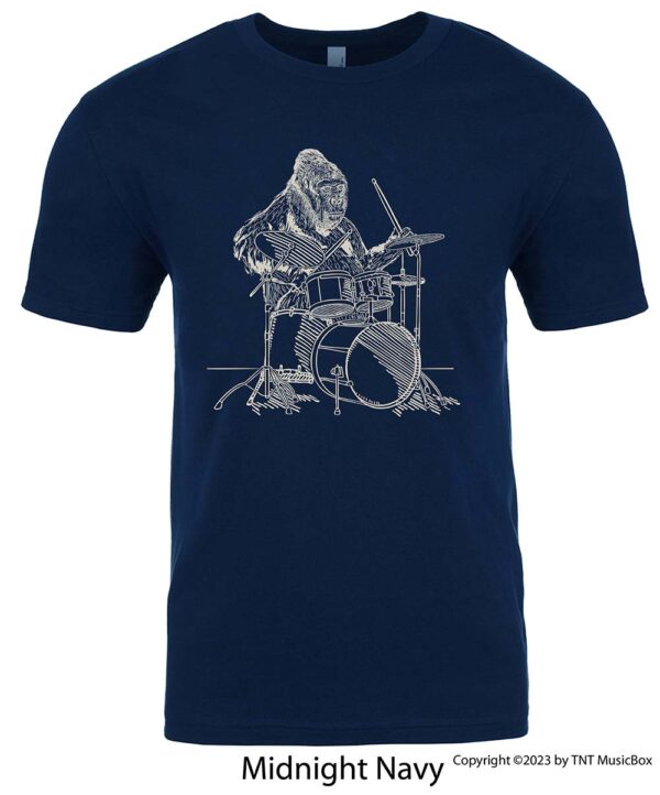 Gorilla playing drums on a Navy t-shirt.