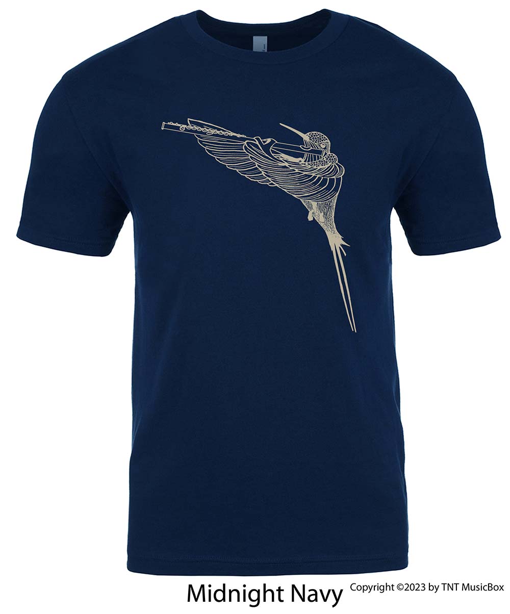 Hummingbird Playing Flute on a Navy T-Shirt.
