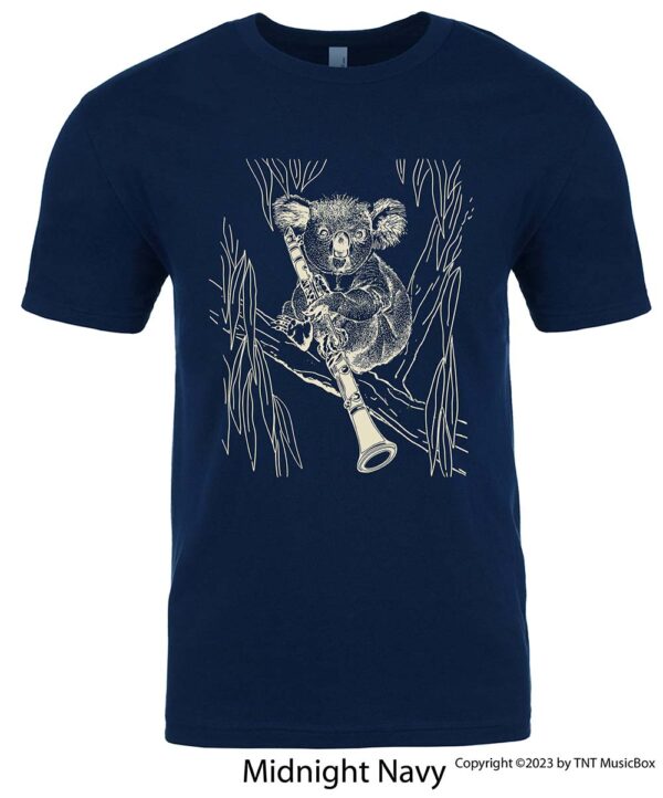 Koala playing clarinet on a Navy t-shirt