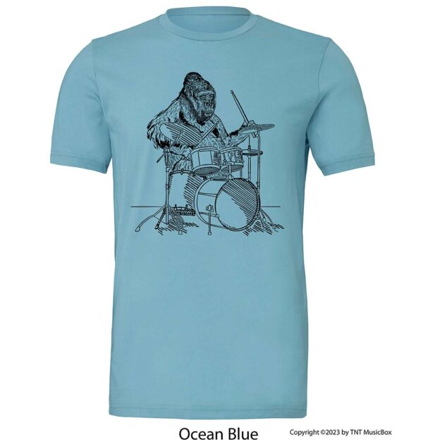 Gorilla playing drums on an Ocean Blue t-shirt.