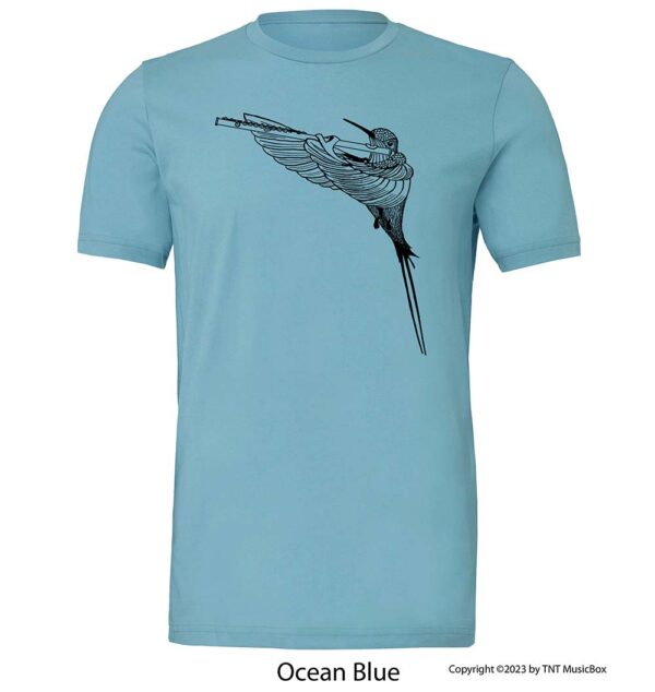 Hummingbird Playing Flute on an Ocean Blue T-Shirt.