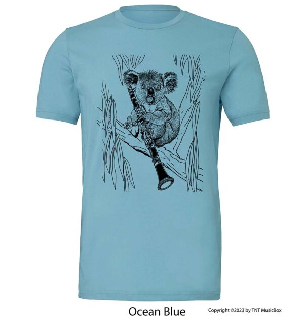 Koala playing clarinet on an Ocean Blue t-shirt