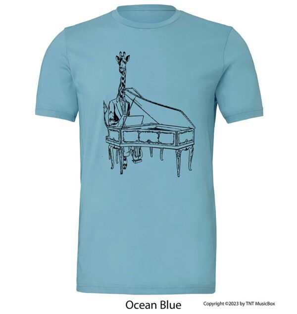 Giraffe Playing Piano on a Ocean Blue Shirt