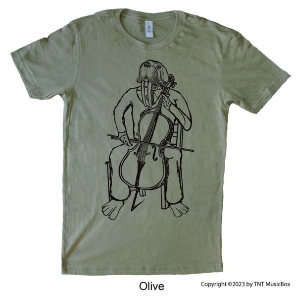 Walrus playing cello on Olive Tee