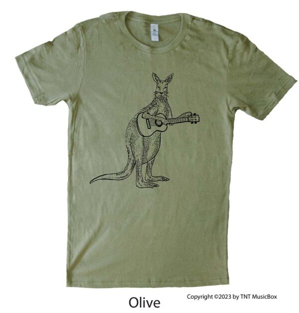 Kangaroo Playing Ukulele on an olive shirt