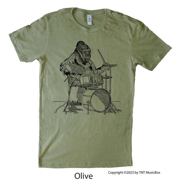 Gorilla playing drums on an Olive t-shirt.