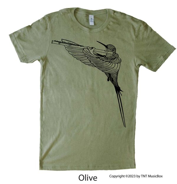 Hummingbird Playing Flute on an Olive T-Shirt.