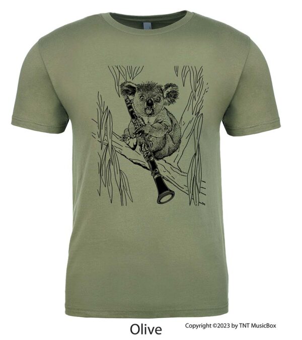 Koala playing clarinet on an Olive t-shirt