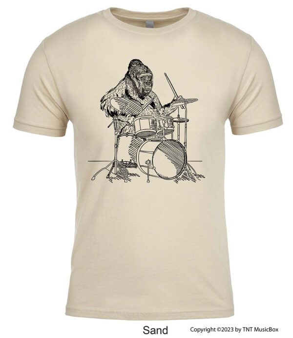 Gorilla playing drums on a Sand t-shirt.