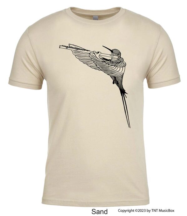 Hummingbird Playing Flute on a Sand T-Shirt.