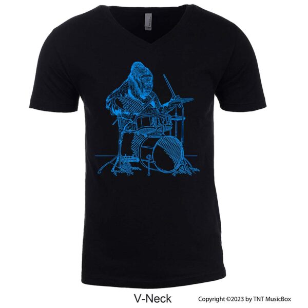 Gorilla playing drums on a black t-shirt.