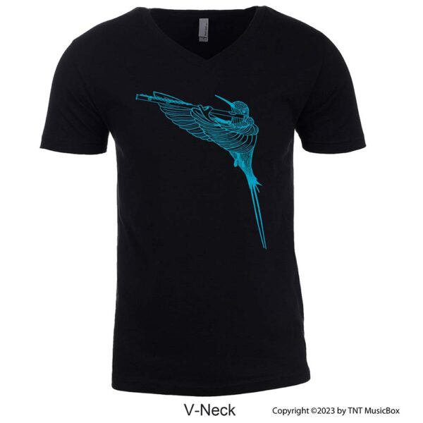 Hummingbird Playing Flute on a V-Neck T-Shirt.