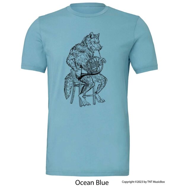 Wolf playing French Horn on an Ocean Blue T-shirt