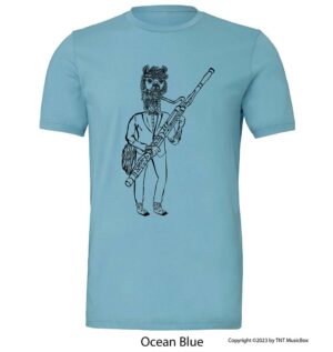 Llama Playing Bassoon on an Ocean Blue T-shirt