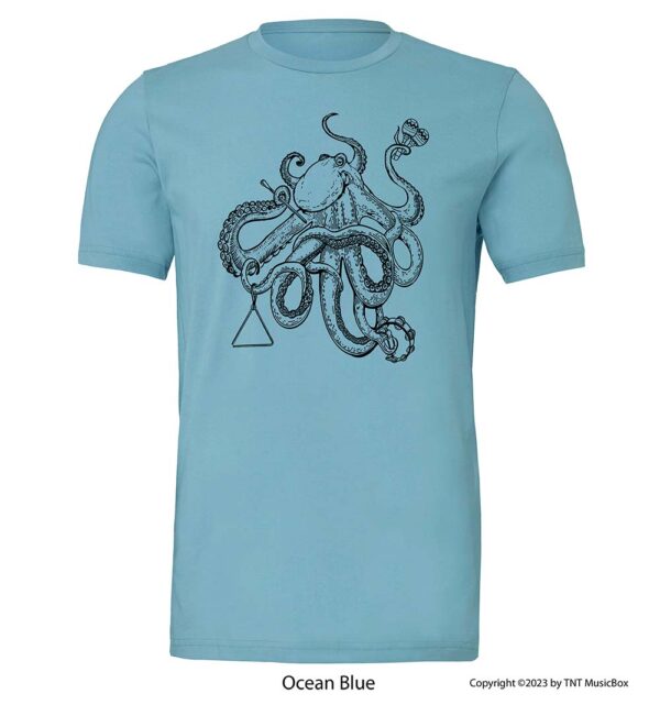 Octopus playing percussion on anocean blue tee