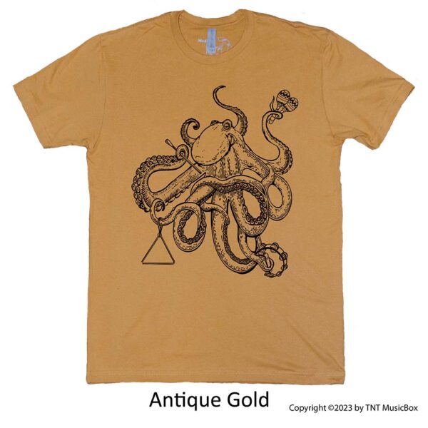 Octopus playing percussion on an antique gold tee