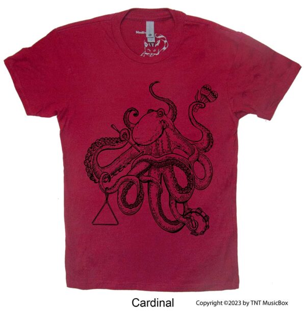 Octopus playing percussion on a cardinal tee