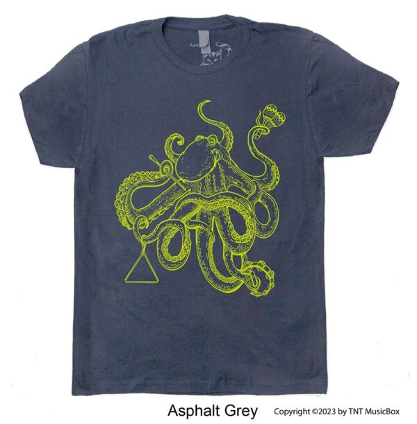Octopus playing percussion on a asphalt grey tee