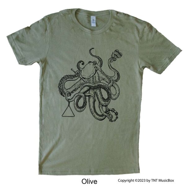 Octopus playing percussion on an olive tee
