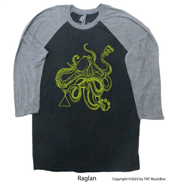 Octopus playing percussion on a raglan tee