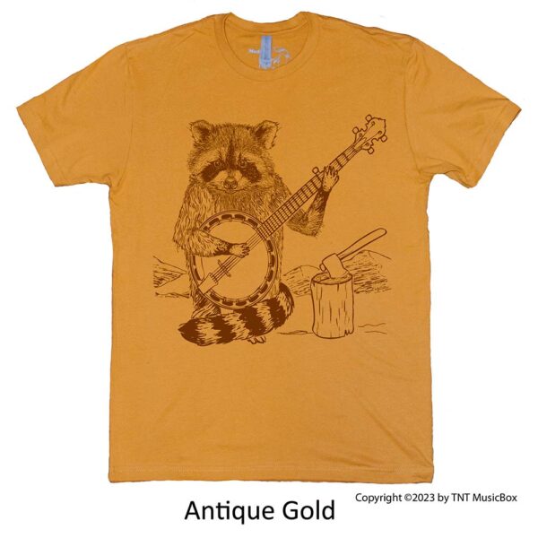 Racoon Playing Banjo on an Antique Gold Tee
