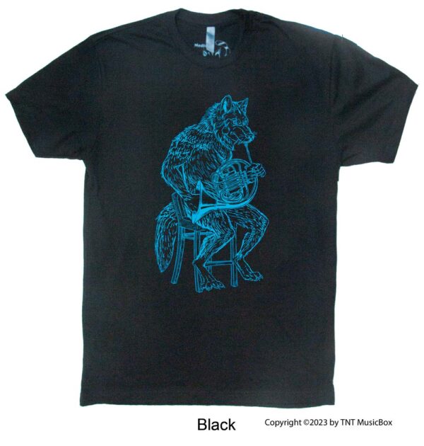 Wolf playing French Horn on a black T-shirt