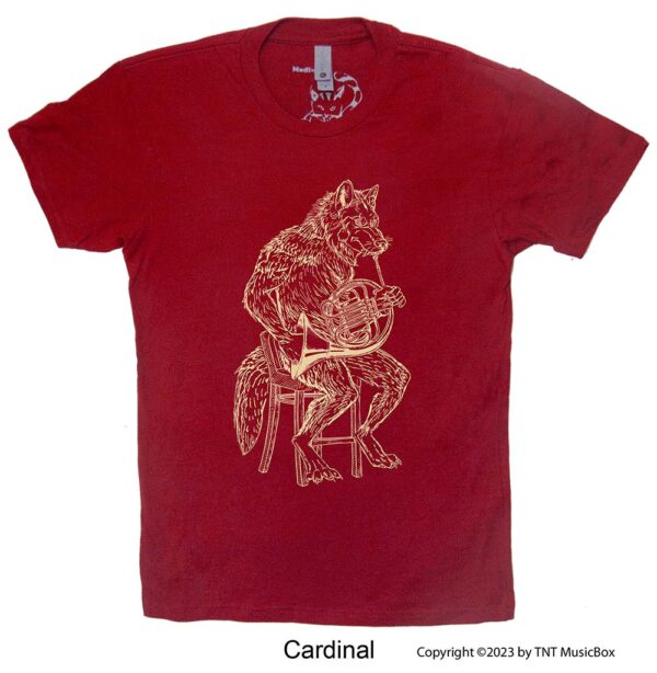 Wolf playing French Horn on a Cardinal T-shirt