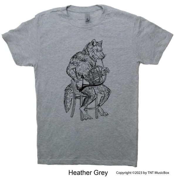 Wolf playing French Horn on a Heather Grey T-shirt