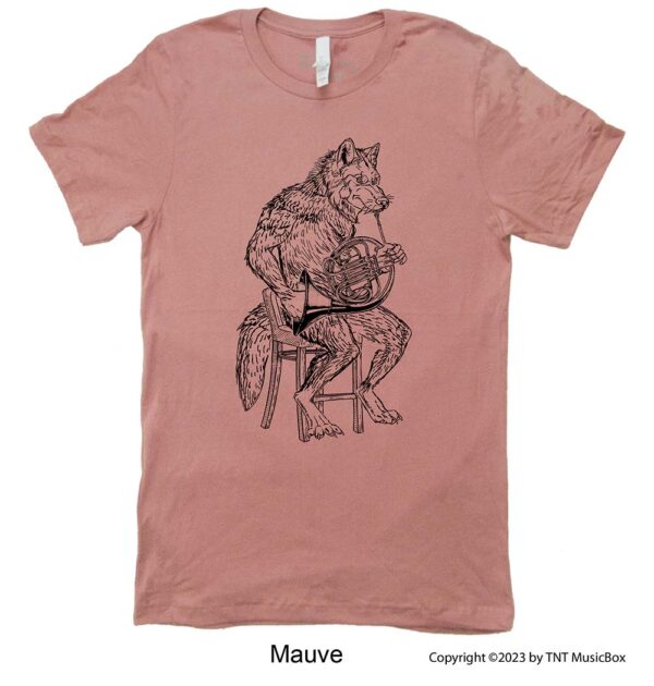 Wolf playing French Horn on a Mauve T-shirt