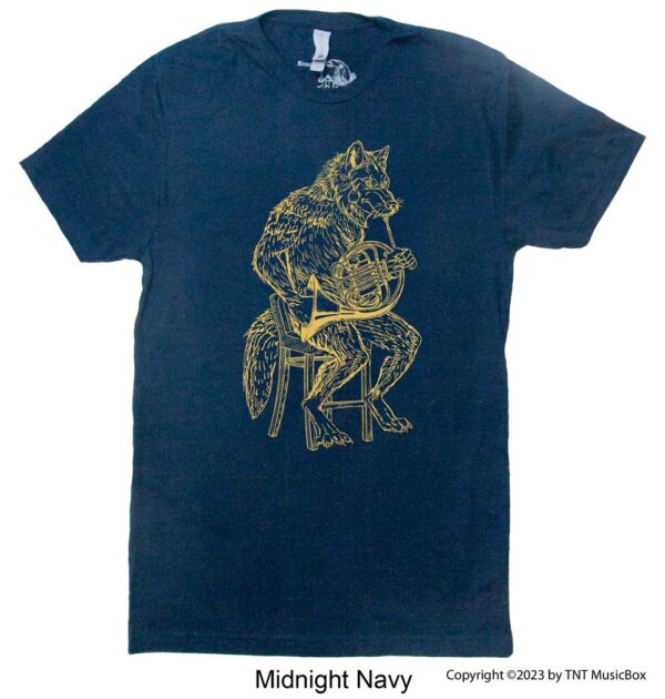 Wolf playing French Horn on a Navy T-shirt