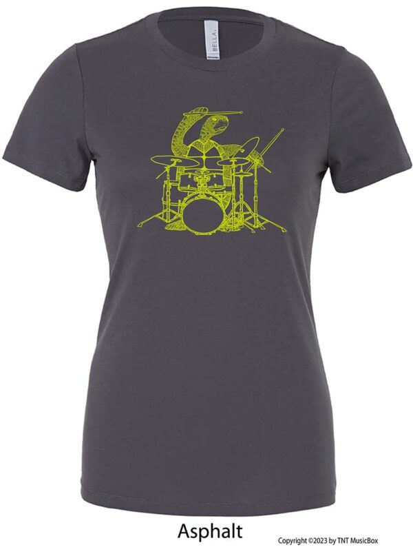 Turtle playing drums on an asphalt grey shirt.