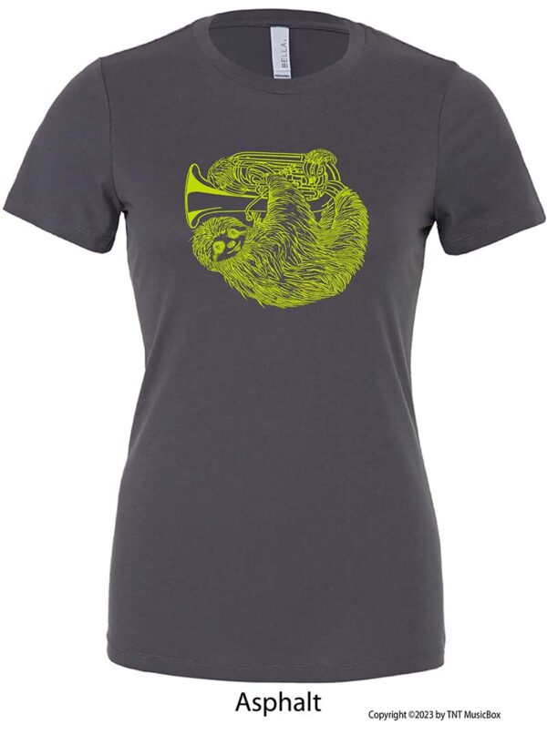 Sloth playing tuba on an asphalt grey shirt