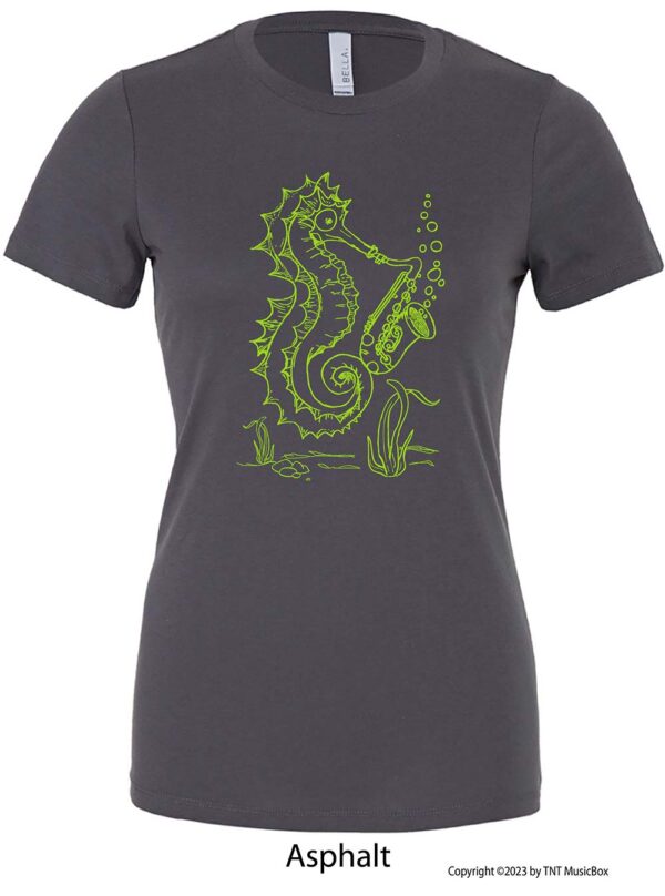 Seahorse playing saxophone on an Asphalt t-shirt