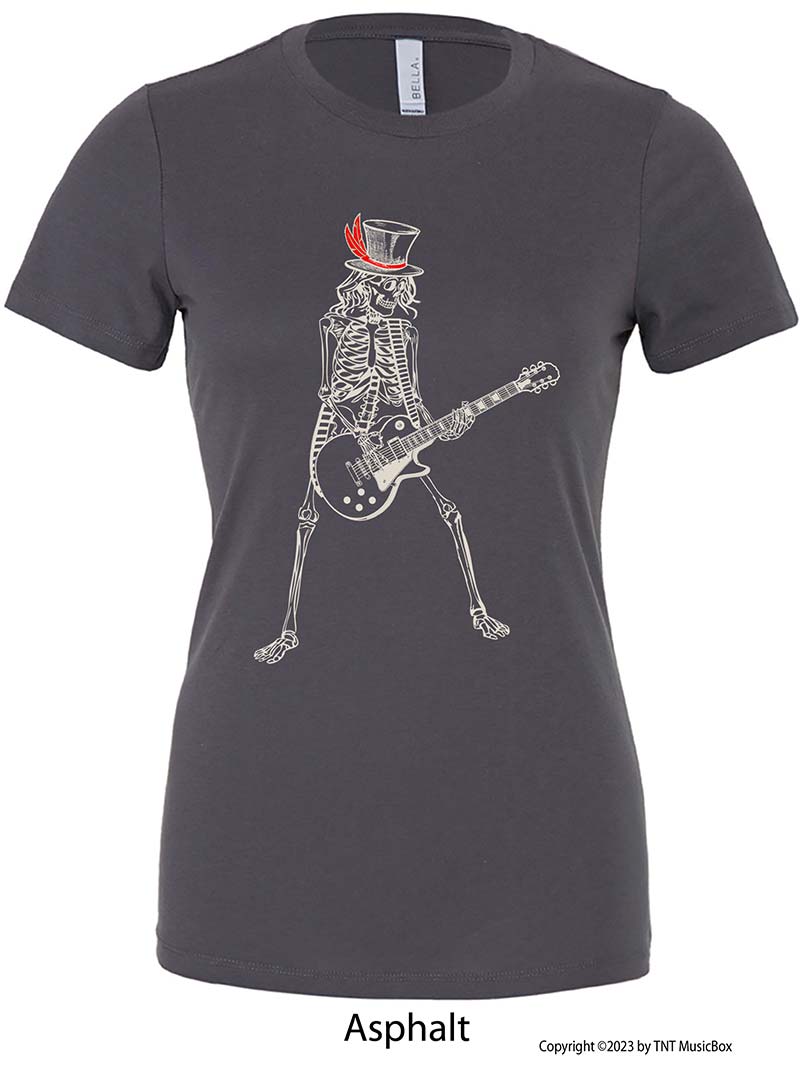 Skeleton Playing Guitar on an Asphalt T-shirt