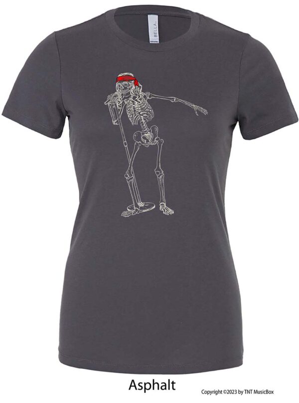 Skeleton singing on an Asphalt Grey T-Shirt.