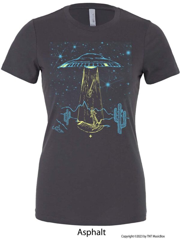 Space cat and space ship on an Asphalt Grey T-Shirt.