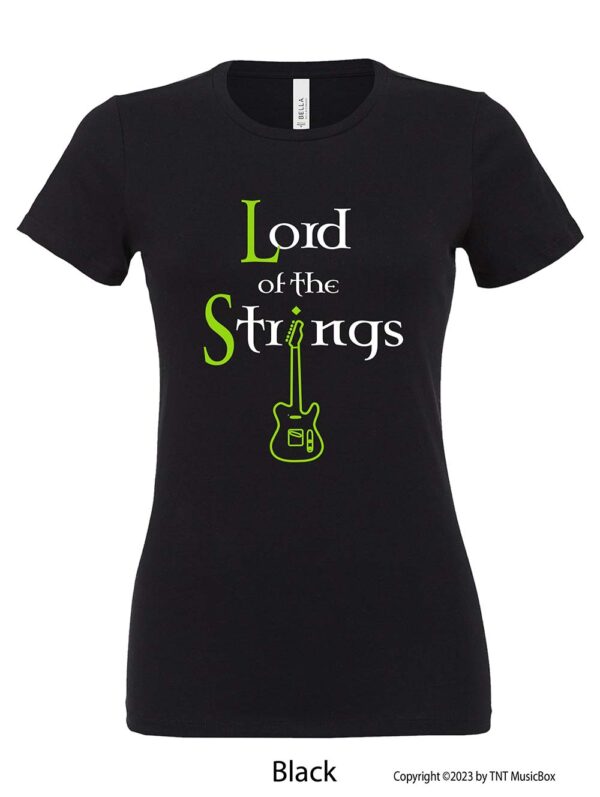 Lord of The Strings (Guitar) on a black T-shirt