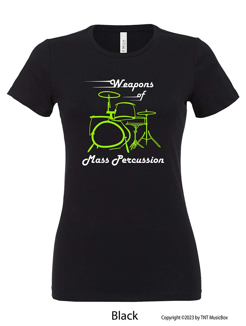 Weapons of Mass Percussion on a Black T-Shirt