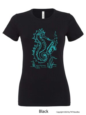 Seahorse playing saxophone on a Black t-shirt