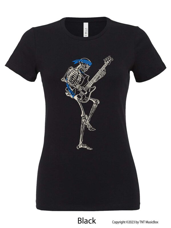 Skeleton Playing Bass on a Black T-shirt